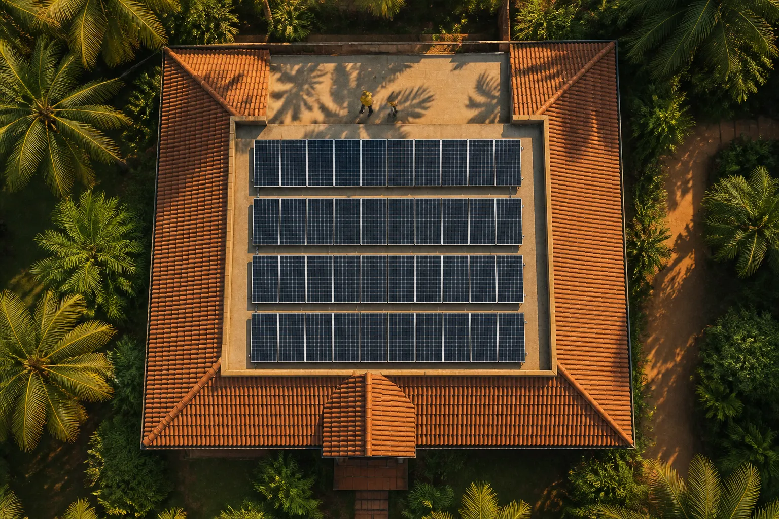 Aerial view of a residential rooftop with solar panels installed in Odisha