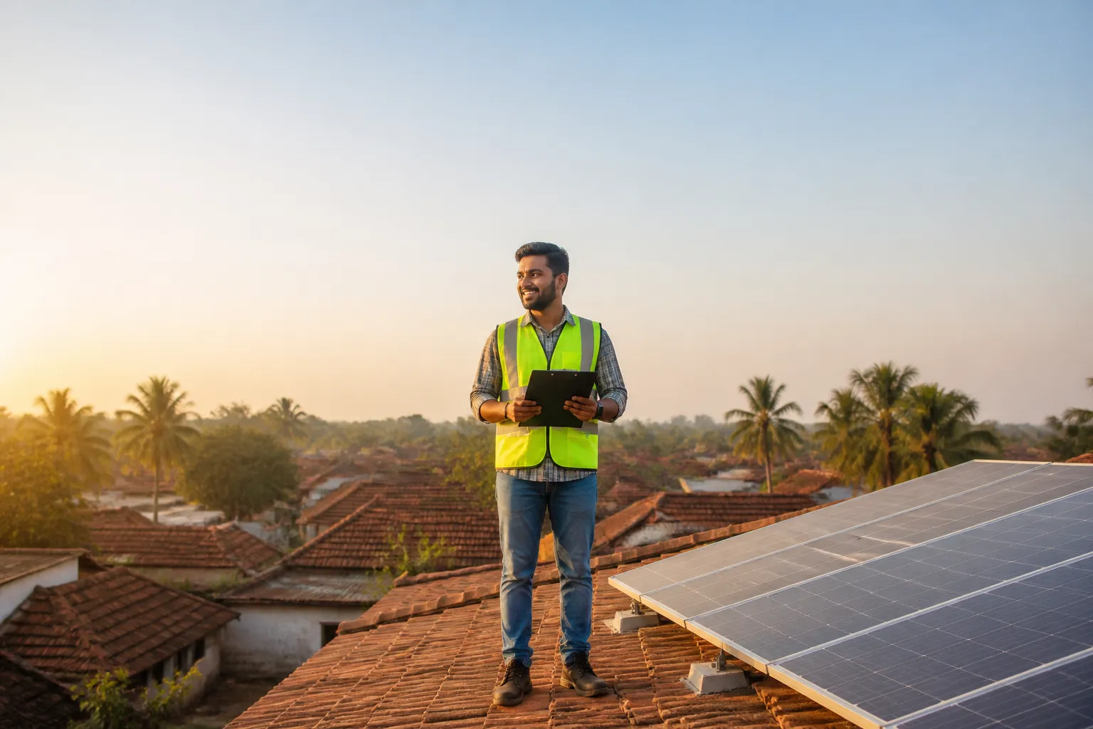 Arkasolar technician consulting on a residential rooftop in Odisha